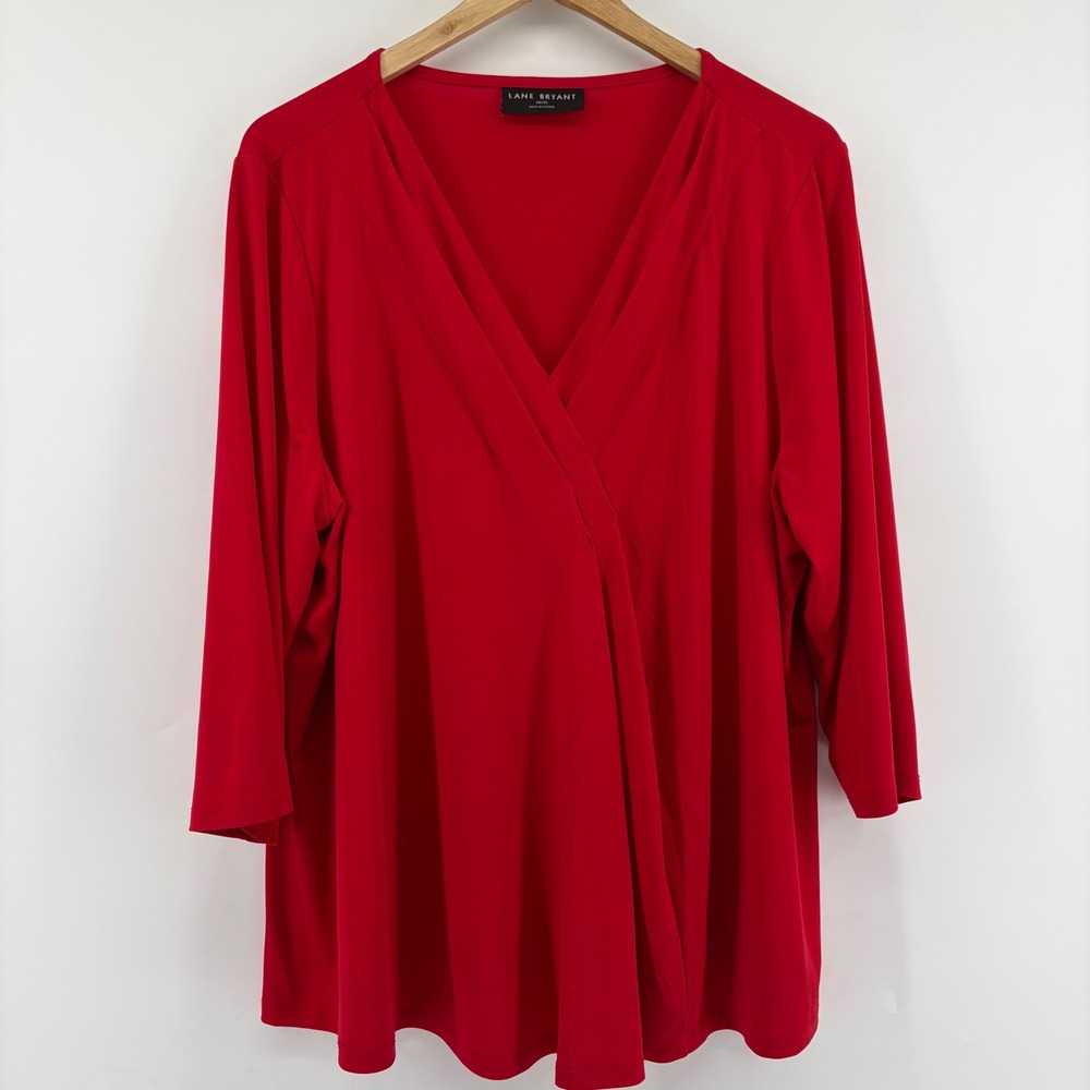 Lane Bryant Womens Red Surplice V-Neck 3/4 Sleeve Faux Wrap Top Size 18/20 - Picture 2 of 9